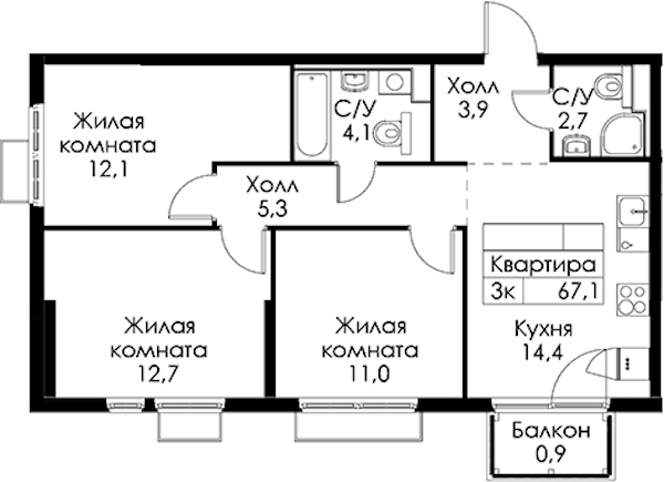 3-комнатная квартира 67.1 м², 4/13 эт., ЖК «Кантемировская 11»